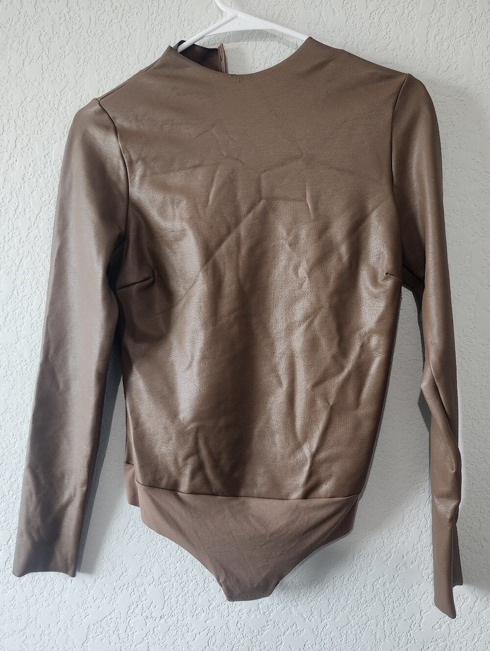 Skims Brown Long Sleeve Bodysuit Solid Stretch Zipper  Size L Faux Leather